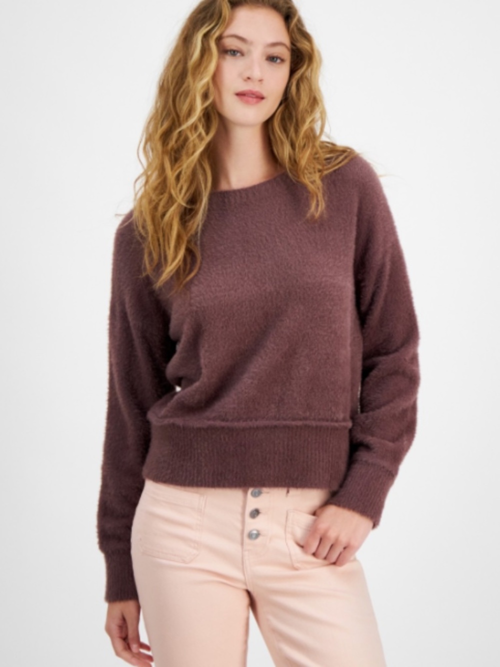 Hippie Rose Juniors' Cozy Drop-Shoulder Eyelash Crewneck Sweater - SIZE  S NWT